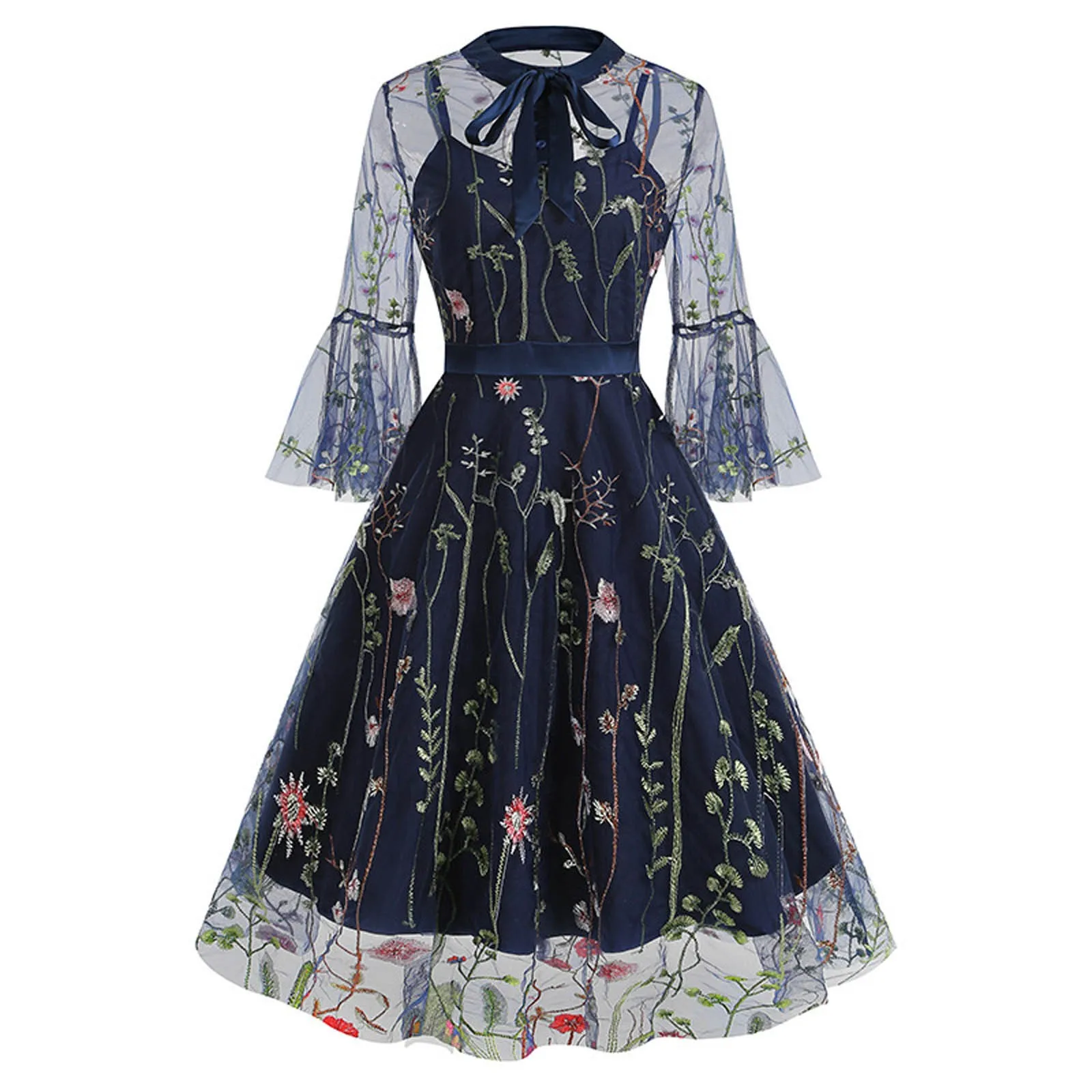 Robe mi-longue trapèze à manches longues pour femmes, robe de cocktail, col rond, nœud papillon, sexy, rétro, éducatif, années 50 et 60, rockabilly, automne