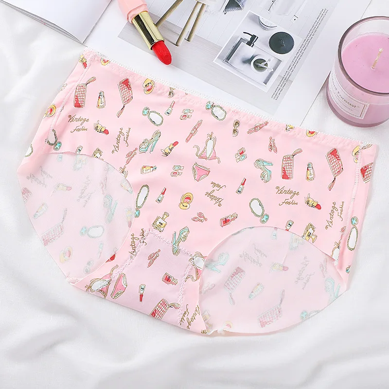 Ice silk print female cute milk silk panties sexy low waist sweet cotton file student breathable briefs new colorful flowers