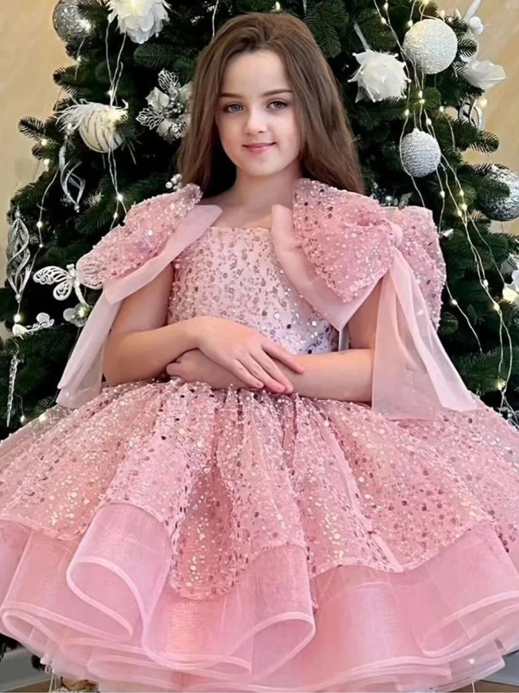 

New Big bow Fluffy Party Dresses for Girls Tiered Tutu Child Girl With Sequined Tulle Flower Girl Dress