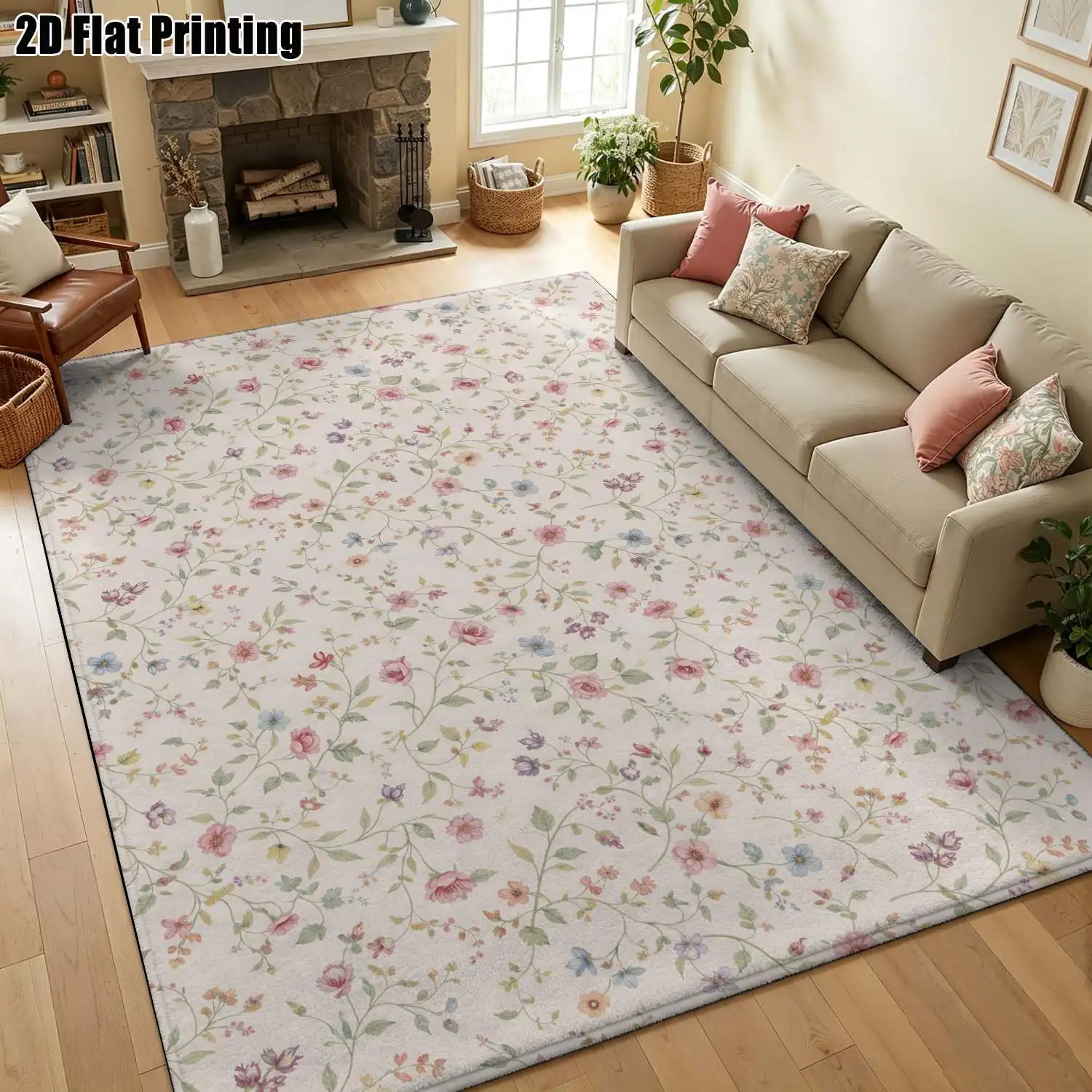 1Pc 2D Printed Carpet: Beige Base, Pink Flower Pattern Nordic/Instagram/Modern Minimalist/Retro Style, Home Decor. Multi-Size, Machine Washable. For Entrance, Dining Room, Foyer, Bedroom, Living Room.