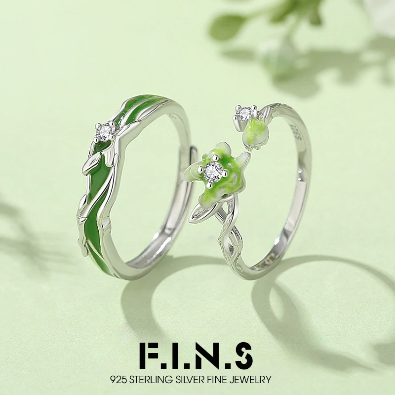 F.I.N.S Original Glow-in-the-Dark Jasmine Flower S925 Sterling Silver Couple’s Rings Green Enamel Adjustable Finger Jewelry
