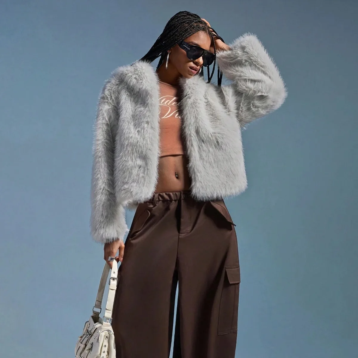 IG Women Hooded Faux Fur Cropped Jacket Open Front Fluffy Long Sleeve Short Coat Winter Streetwear Outerwear