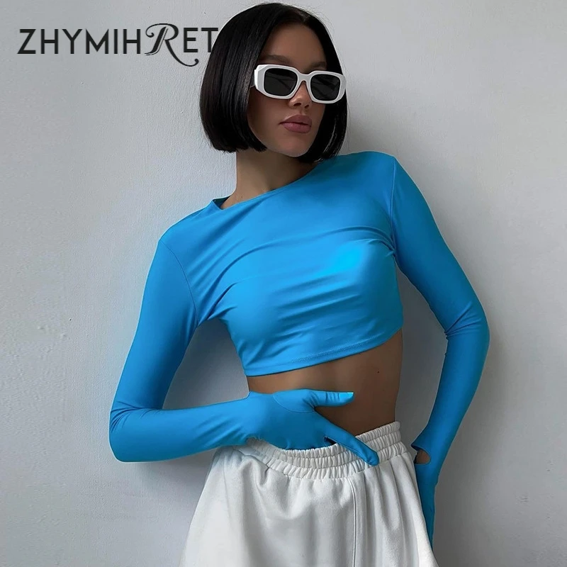 ZHYMIHRET Neon Color Long Gloved Sleeve Y2K Crop Tops 2024 springT Shirt For Women Clothing Kawaii Korean Fashion Streetwear