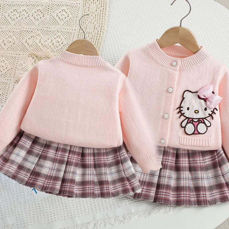 

Hello Kittys Girl Sweater Set Sanrios Child Suit Cute Cartoon Knitting Jacket Lattice Pleated Skirt Cardigan Two-Piece Set