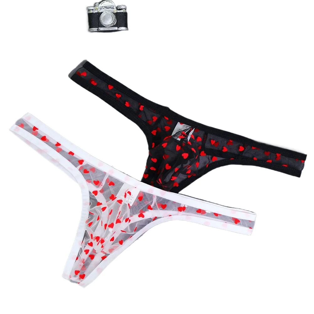 Perspective Heart Pattern Men's Thongs Briefs Sexy Fun Net Underwear Soft Ultra-Thin See Through Sports Panties Easy Wash Dry