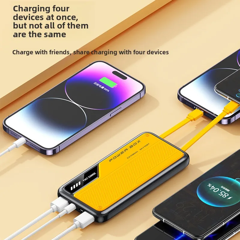 Портативный внешний аккумулятор сверхбольшой емкости 10000 мАч со встроенным кабелем. Индивидуальный внешний аккумулятор Power Bank, 4 выхода и 2 входа.