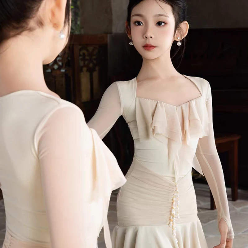 2026 Latin Dance Dress For Girls Long Sleeved Practice Clothes Samba Chacha Tango Kids Latin Performance Stage Dress DQS21796