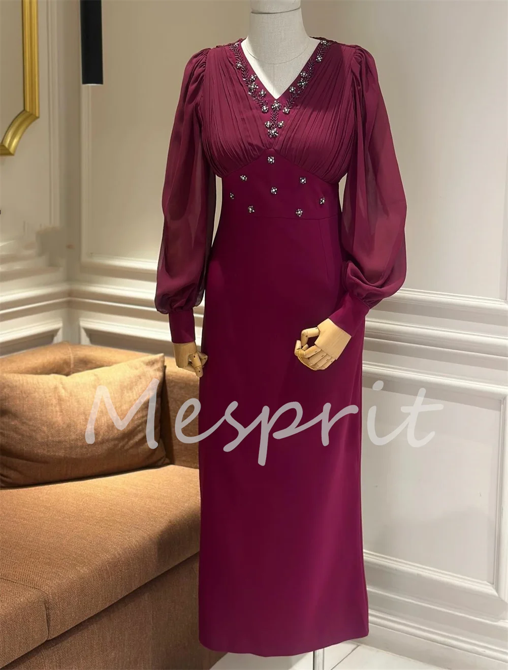Customized Sparkle Jersey Pleat Sequined Straight V-neck Long Bespoke Occasion Dresses Elegant Matching