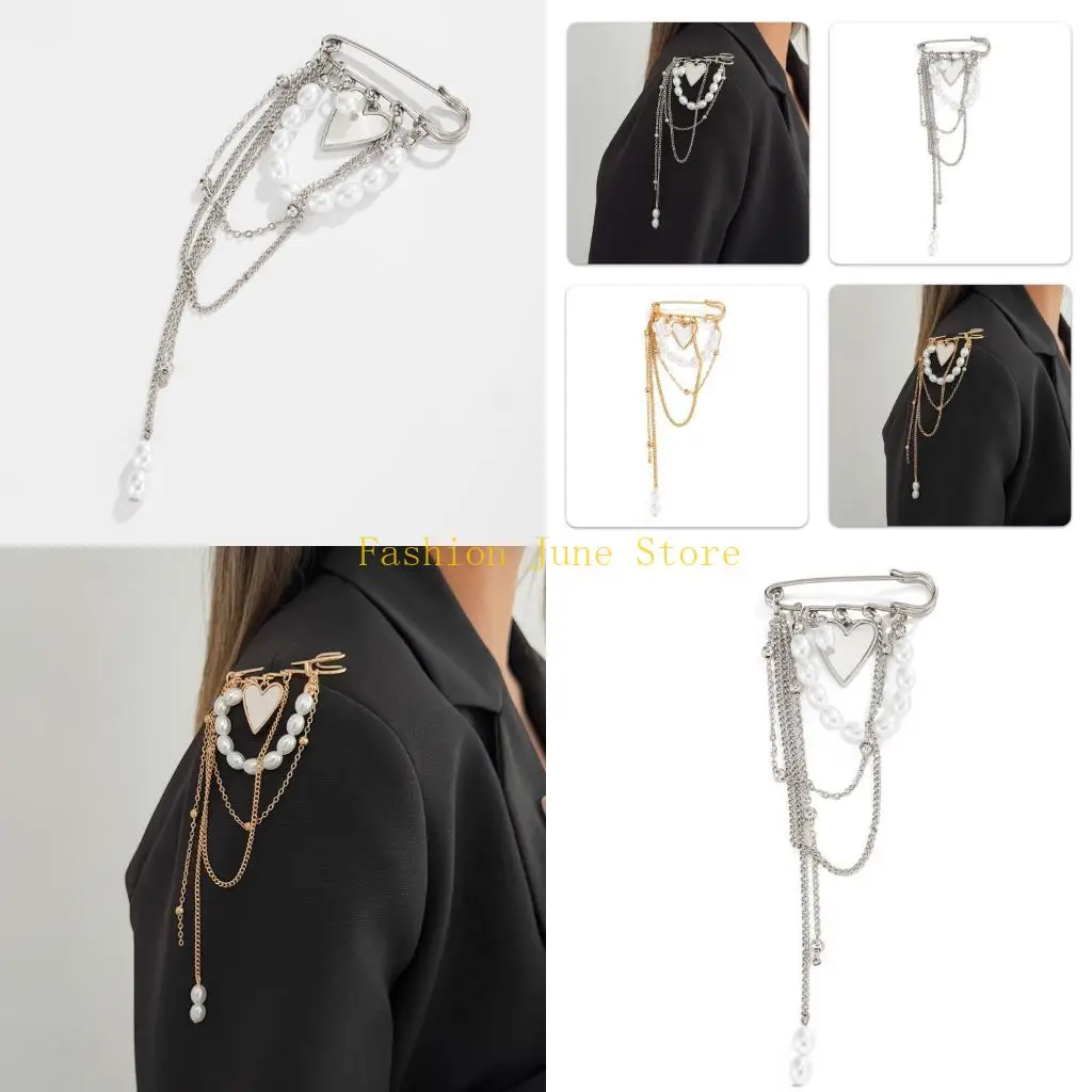 N5KA Dainty Alloy Heart Brooch Corsage Pin Adorned With Multiple Delicate Chains And Sparkling Accent