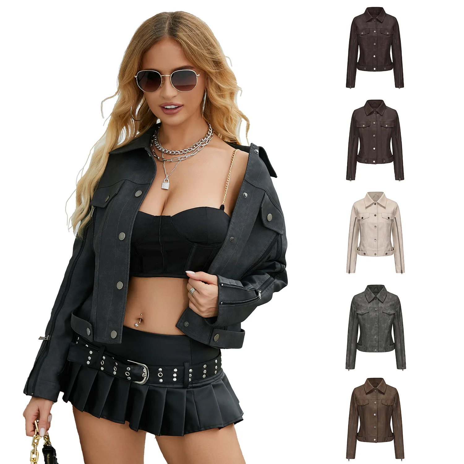 

Winter Female's Leather Coat Solid Color Lapel Collar Single Breasted Cropped Jackets For Lady Versatile Women's Biker Jacket