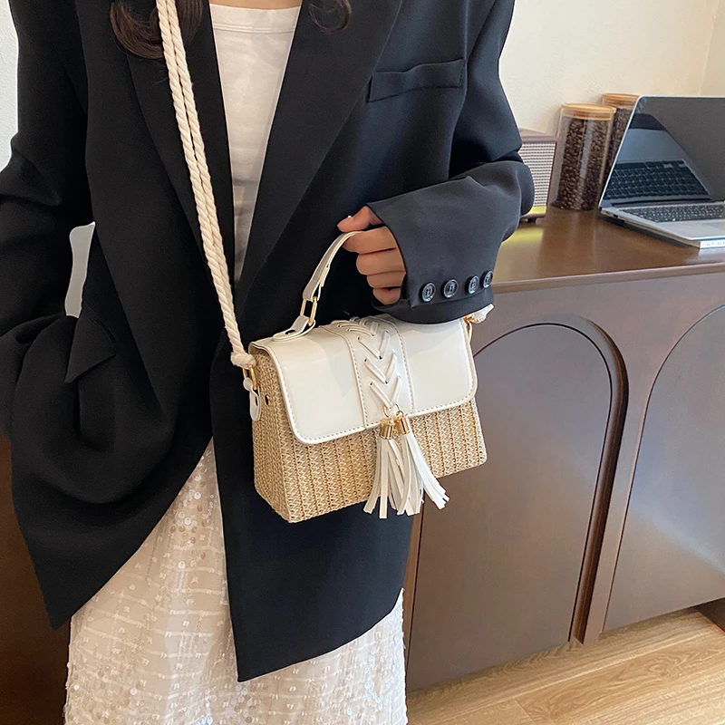 Strand Stroh Umhängetasche für Frauen neue Designer Boho Sommer tasche Pu Leder Handtasche und Geldbörse Reise Umhängetasche – Detail 9