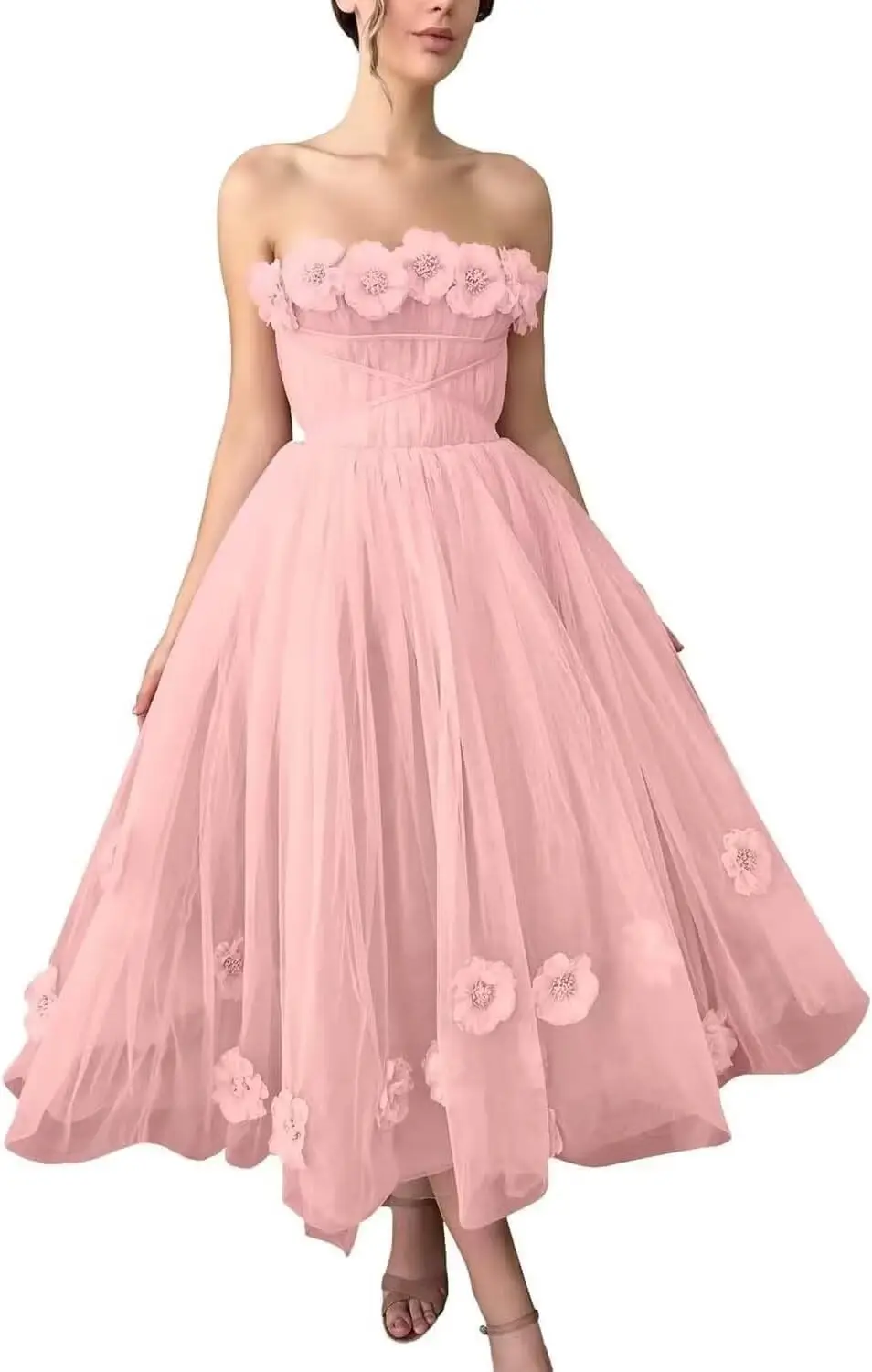 

Women's 3D Flower Off-Shoulder Tea-Length Whimsical Prom Dress A-Line Strapless Tulle Formal Evening Party Gown