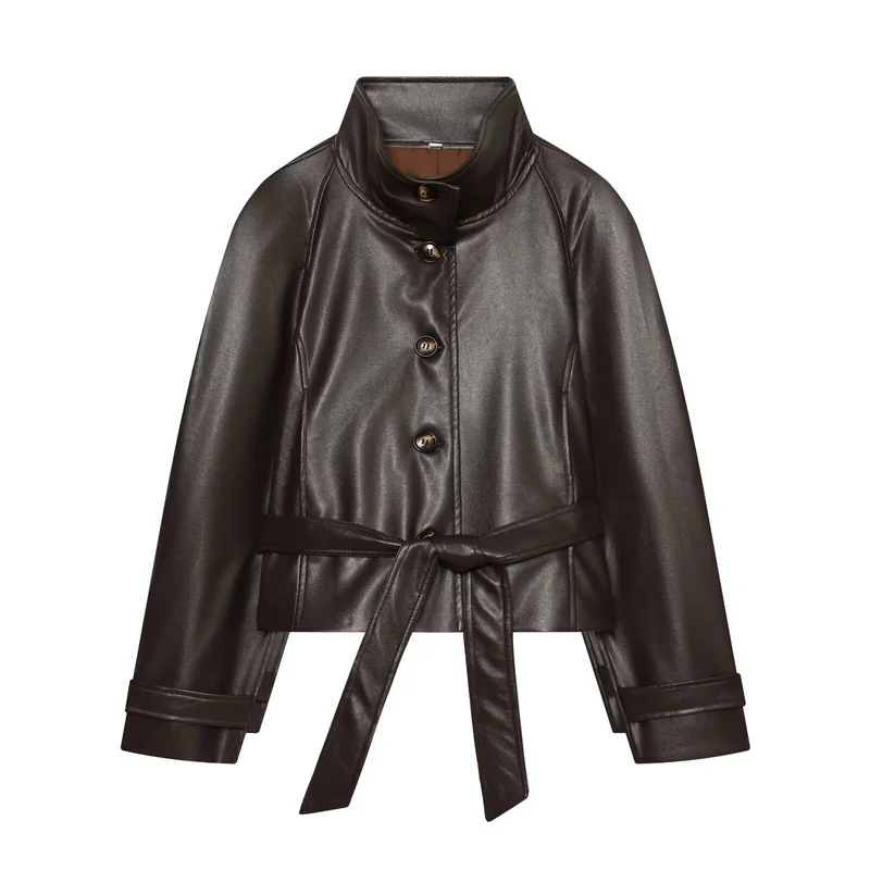 Women Faux Leather Jacket Shoulder Pads Tie Waist Belt Stand Collar Vintage Trench Style Short Coat Autumn Winter Outerwear