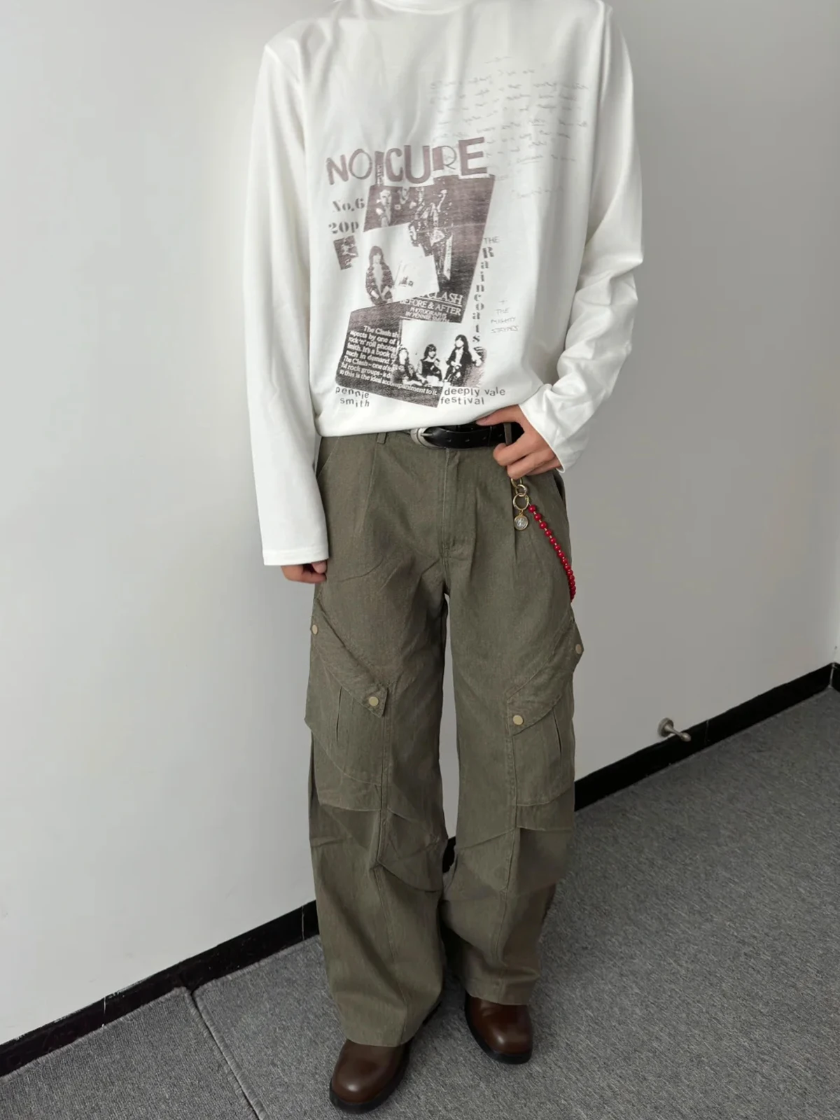 

American Retro Brown Diagonal ket Work Pants Loose Straight Leg Pleated Wide Leg Jeans for Men Youth ular Casual Jeans