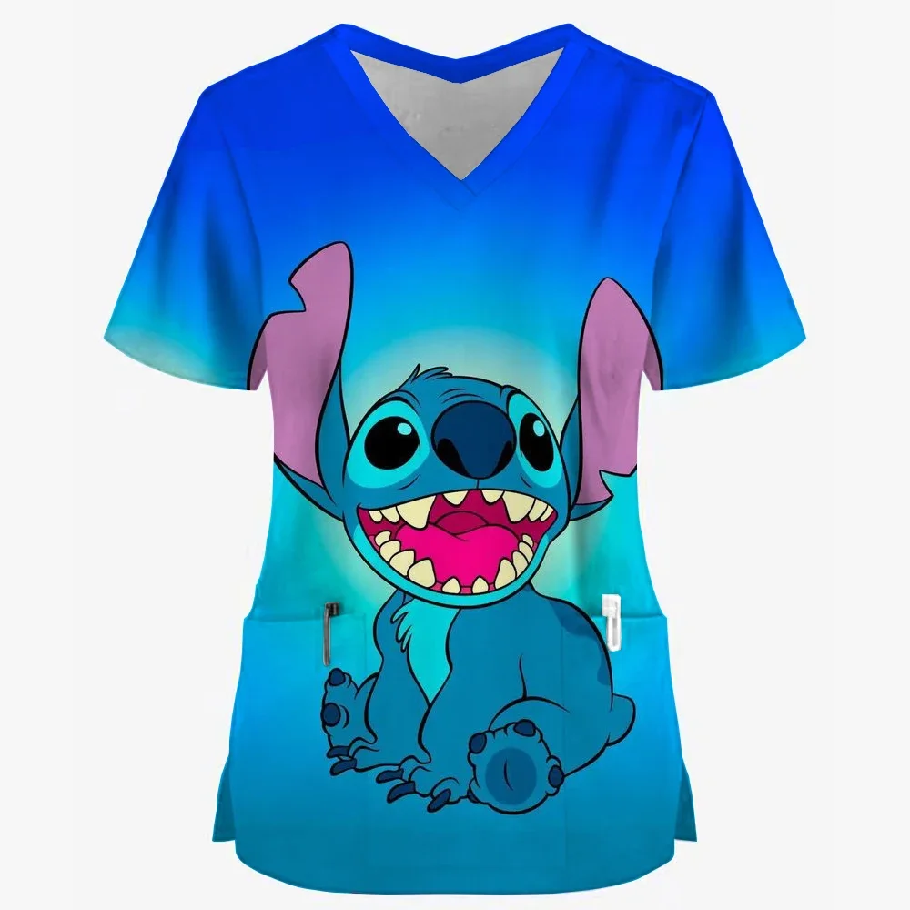 

Disney Uniform Women's Cartoon Stitch Print Nurse Work Shirt Pocket Gown Christmas Healthcare Nurse Scrubs