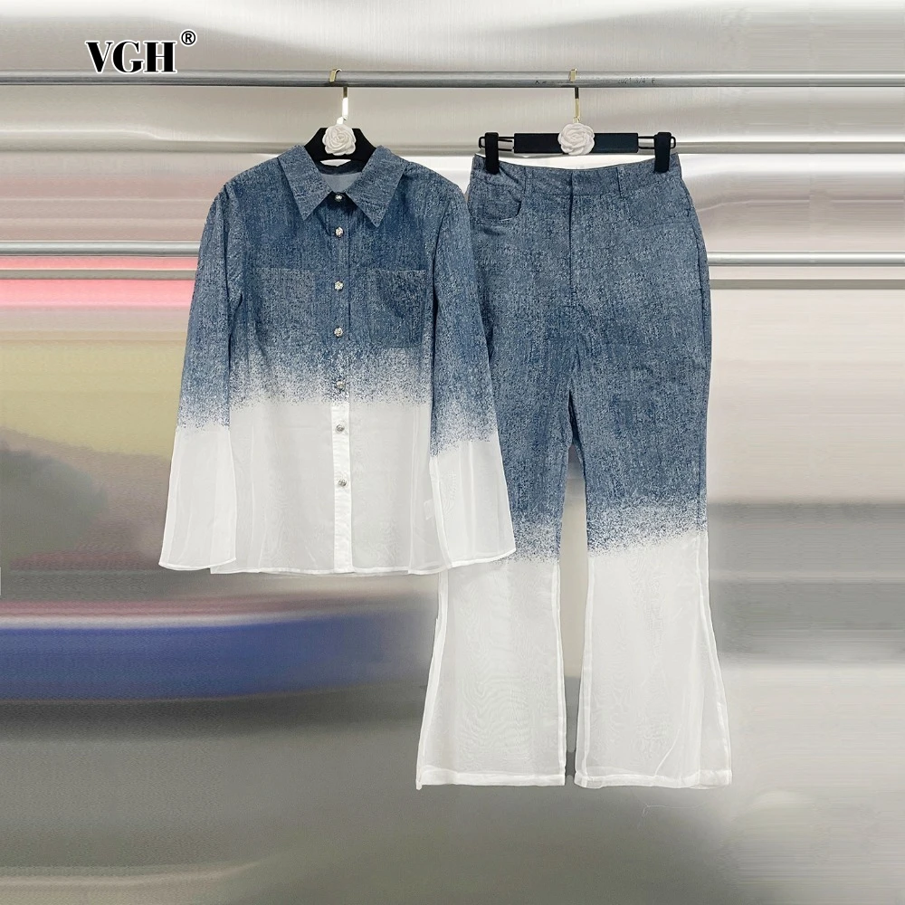 

VGH Gradient Color Sheer Two Piece Set for Women Lapel Long Sleeve Cardigan High Waist Straight Leg Pant Summer Outfits Female