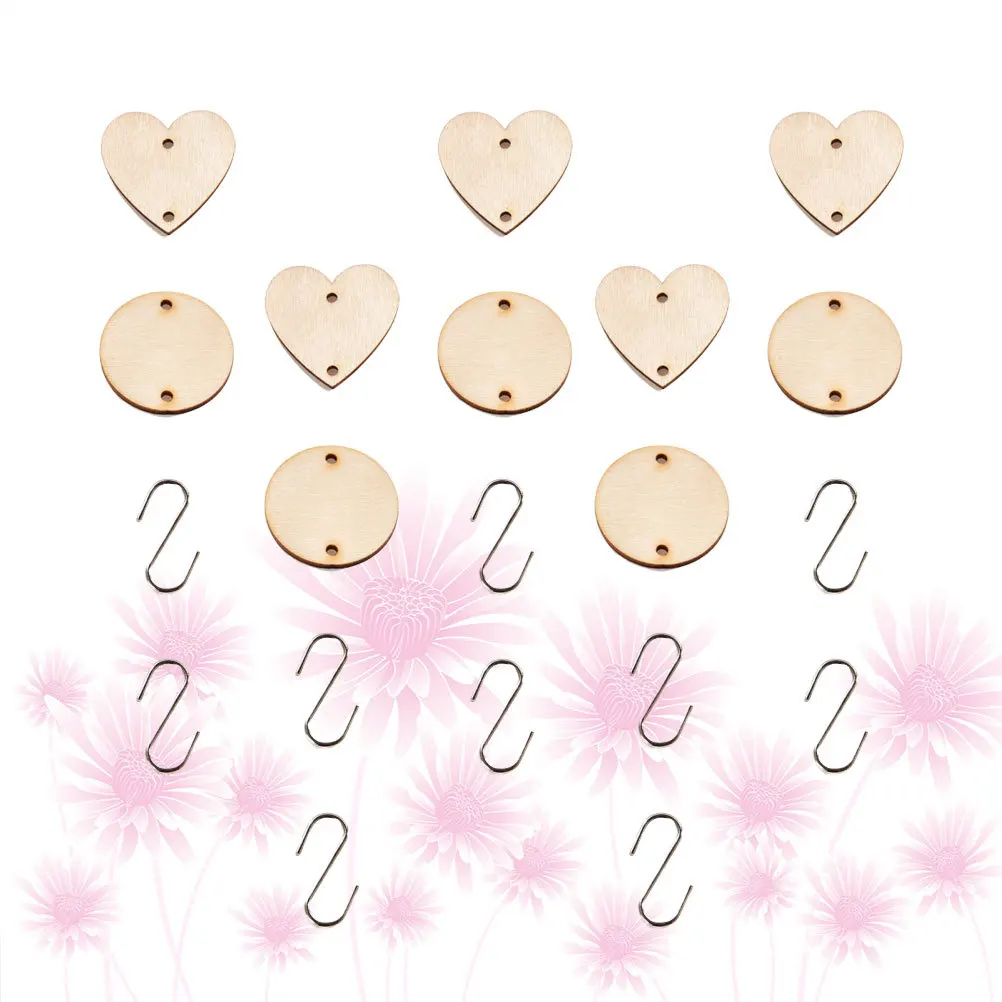 

200Pcs Wooden Pendant DIY Hanging Ornament Unfinished Dual Hole Star Heart Round Shapes with S Hook for Tree Door Window