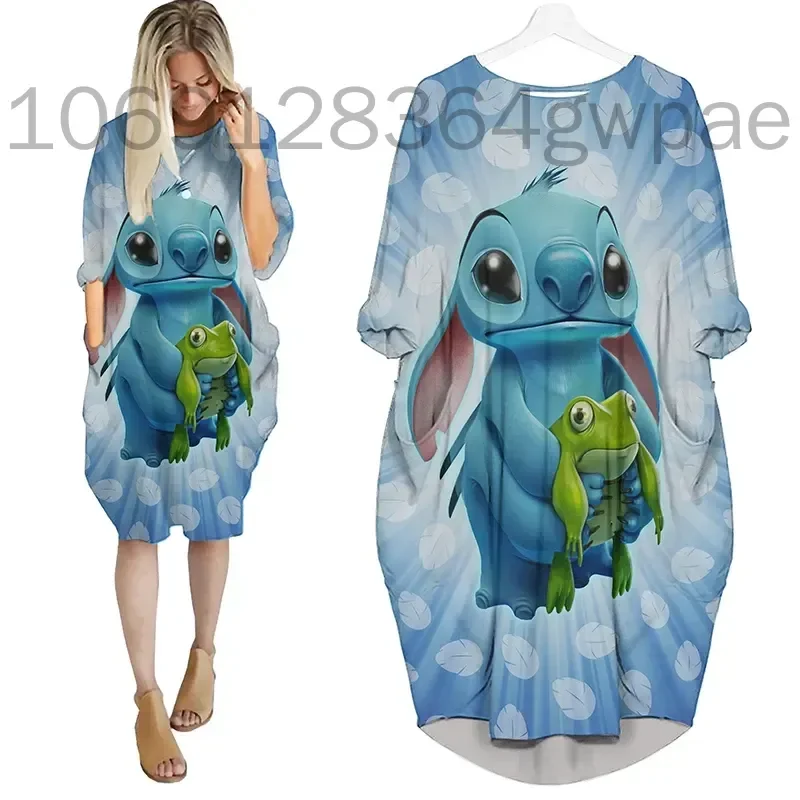 

Disney Stitch Oversize Long Sleeves Pocket Dress Disney Cartoon Batwing Pocket Dress Women's Fashion Versatile Loose Party Dress