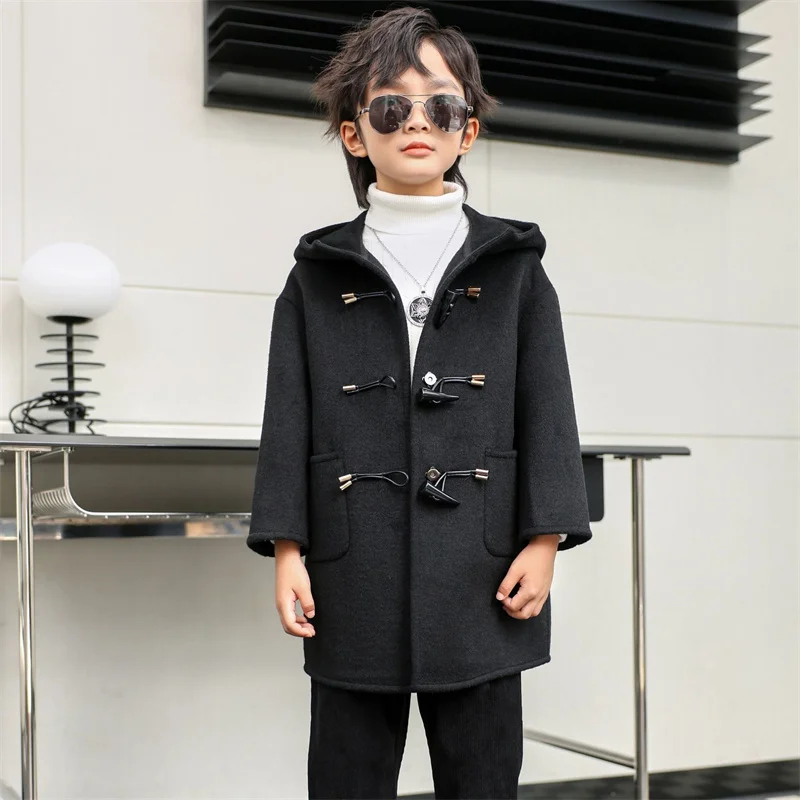 

Boys Woolen Coat Overcoat Jacket Windbreak 2024 Solid Warm Plus Thicken Autumn Winter Cotton School Children's Clothing