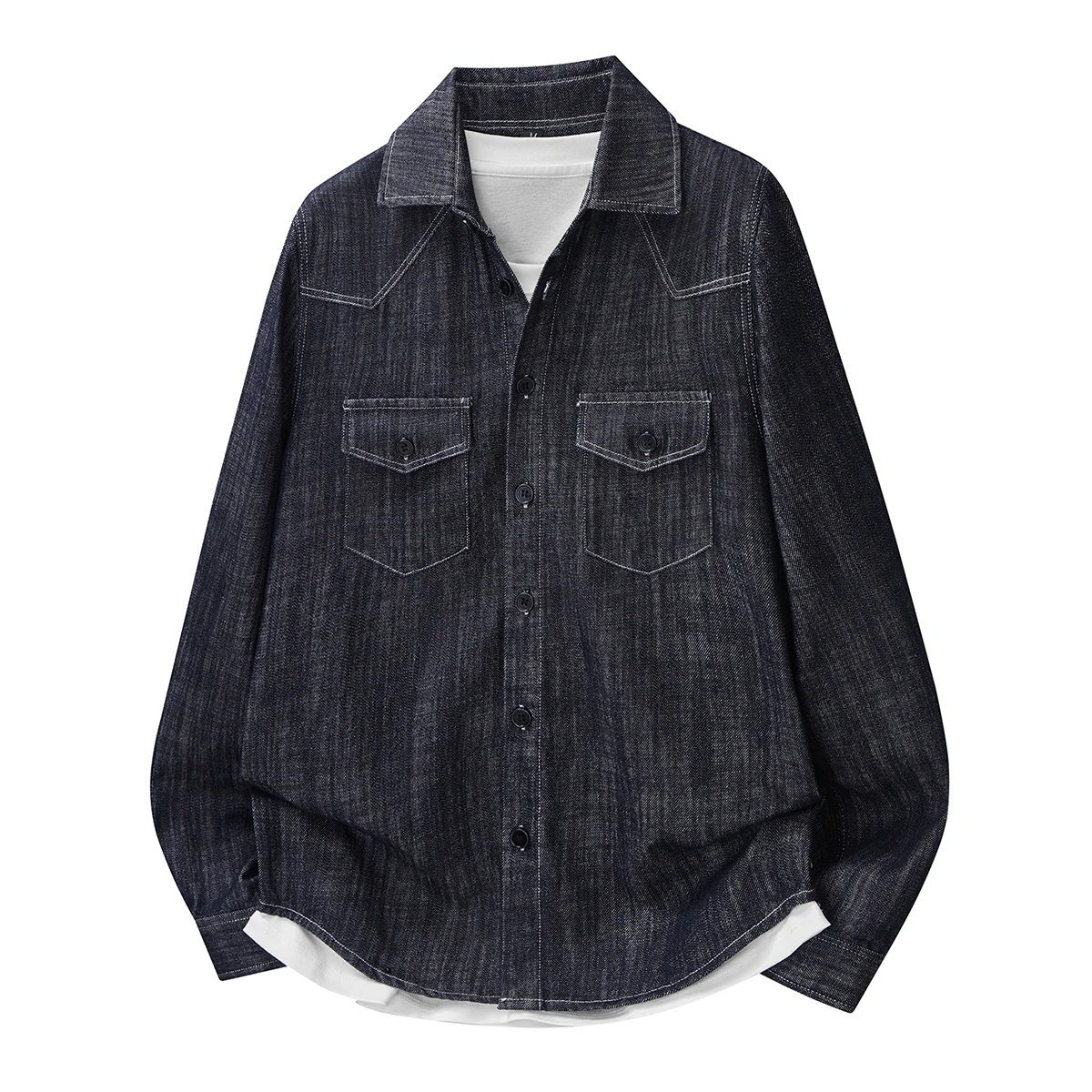 Plus Size 5X Spring Men's Denim Long-Sleeve Shirt Vintage Contrast-Stitch Dual Pockets Loose-Fit Workwear Shirt Versatile Casual