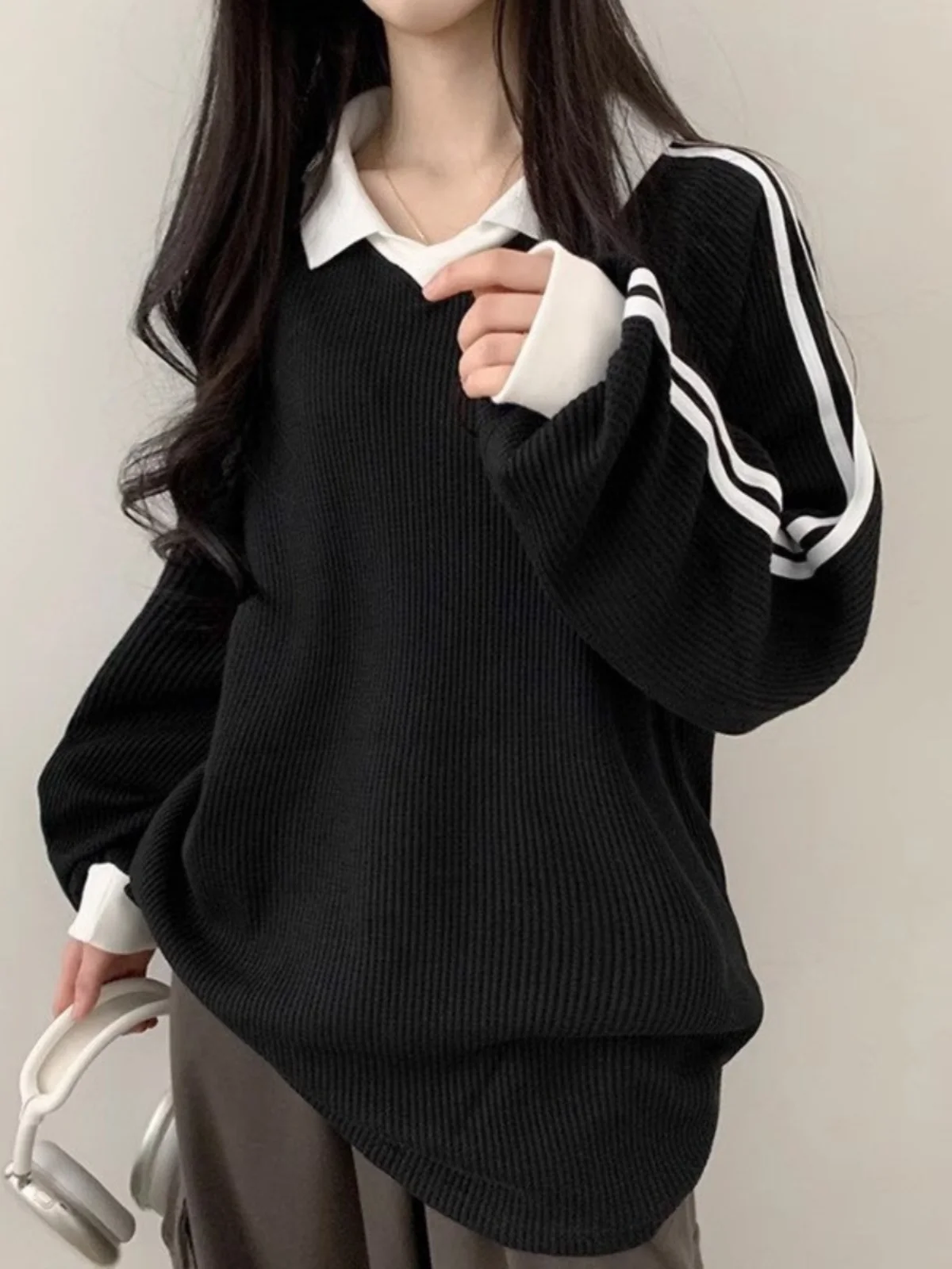 Korean Style Slim Fit  Neck Long Sleeve T-Shirt Color Block Design Simple Versatile Autumn Top Fake Two-Piece Set