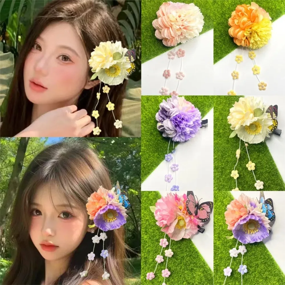 

Fairy Sweet Flower Butterfly Side Clip Chinese Style Fringe Tassel Duckbill Clip Ancient Style Hanfu Headwear Barrettes Girl