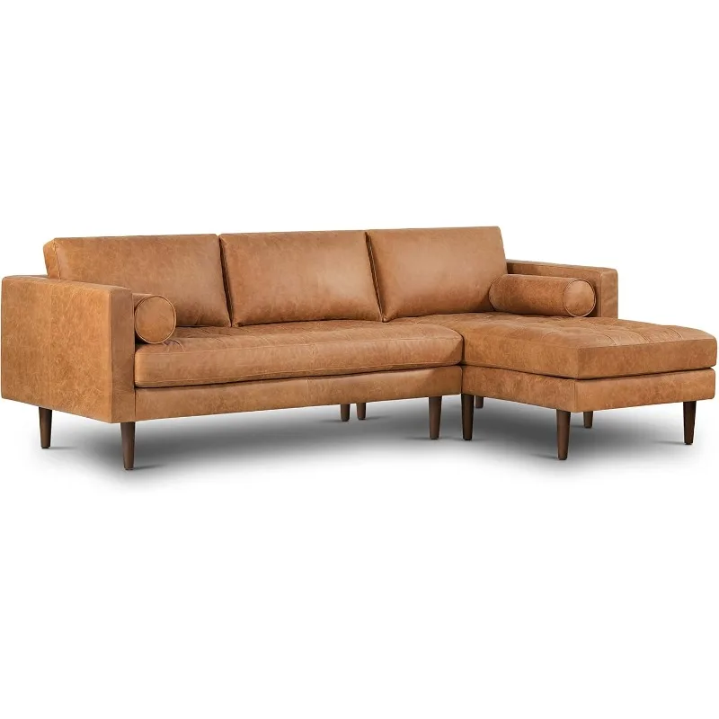 Leather Couch – Right-Facing Sectional Sofa - Tufted Back Full Grain with Feather-Down Topper On Seating Surfaces Pure