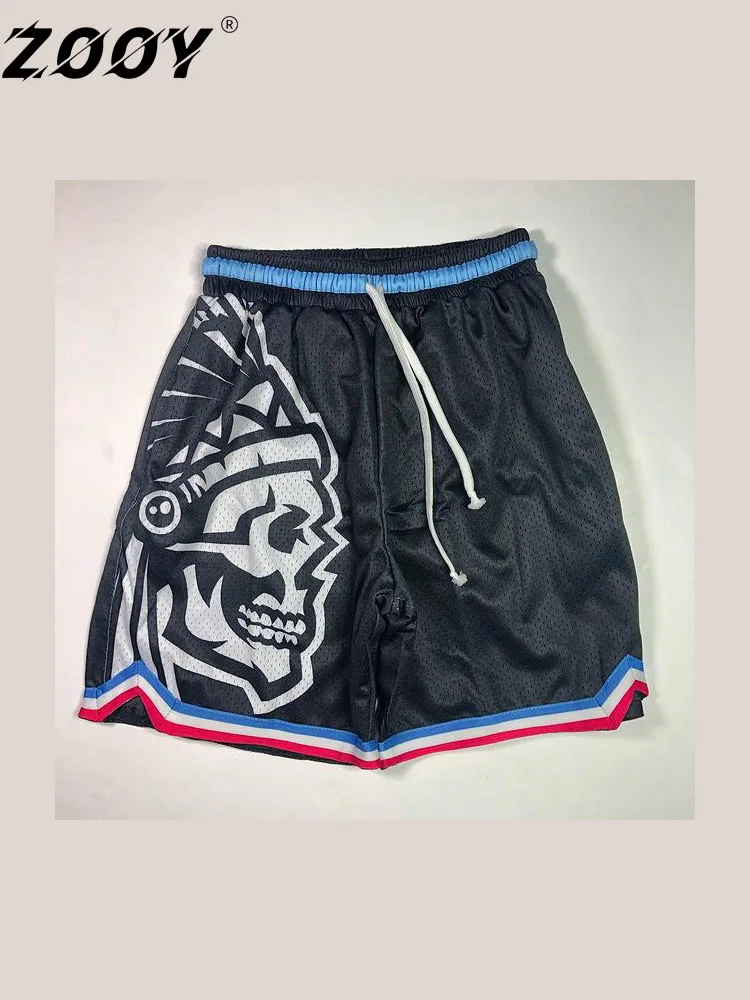 ZOOY (L-9XL) Men's Plus Size Skull Pattern Lace-Up Basketball Athletic Shorts