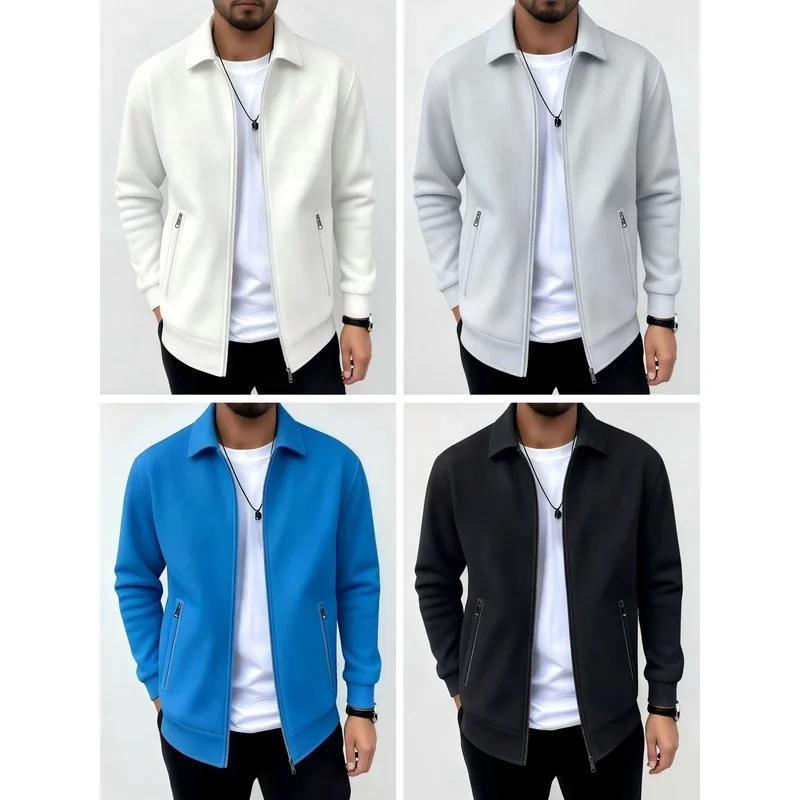2026 Spring/Autumn Men Slim Fit Solid Lapel Waffle Pattern Cardigan, Casual Fashion Jacket With Zipper Pockets