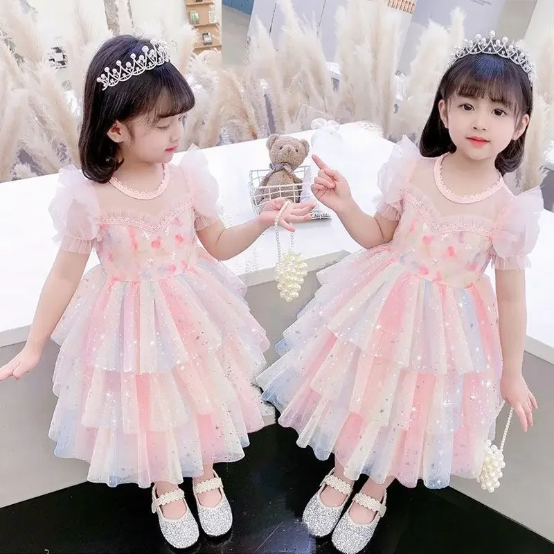 Korea Kids Elegant Princess Dress Girls Dresses for Wedding Evening Party Girl Dress Clothes Girls New Summer Fluffy Gauze Dress