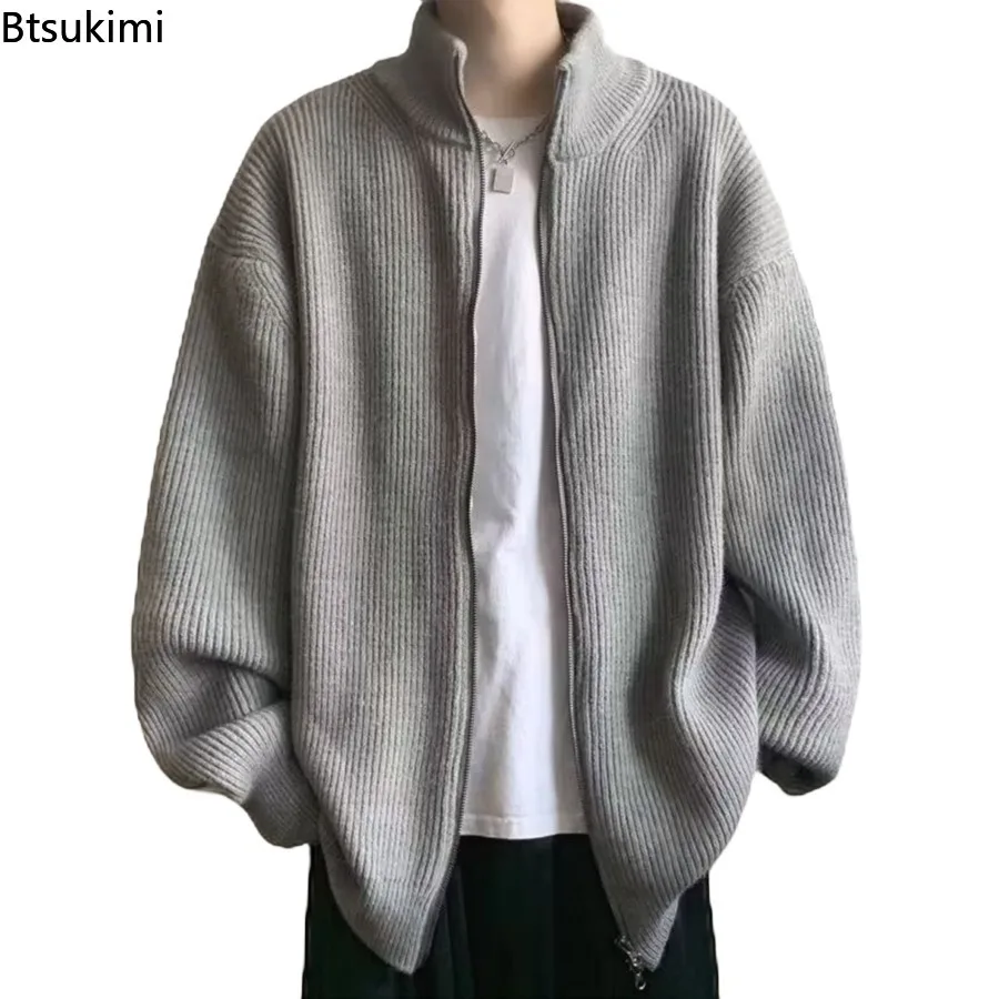 Men Y2K Knitted Cardigan Sweater Stand Up Collar Zipper Loose Knit Jacket 2026 New Autumn Winter Casual Fashion Plus Size Coat