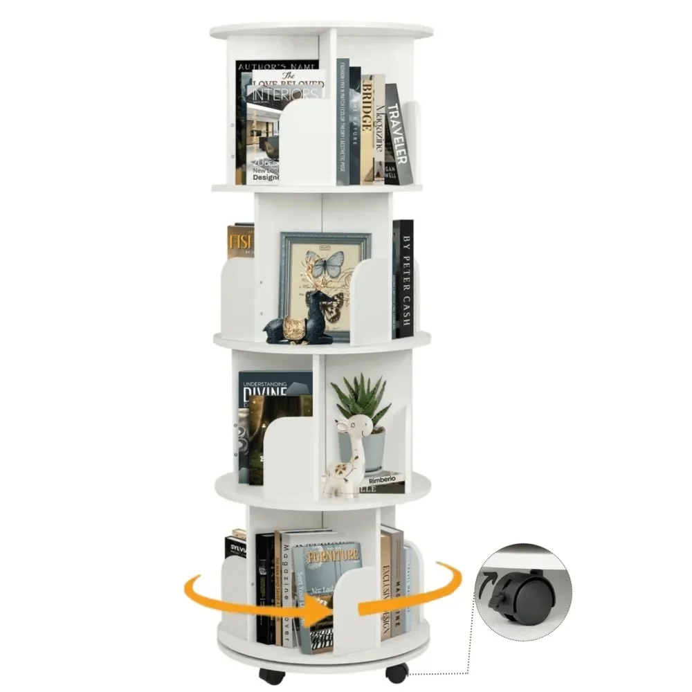 

4 Tier Rotating Bookshelf Tower, 360 Revolving Bookcase with Brake Wheels, Corner Bookshelf Display Storage Rack for Small Space