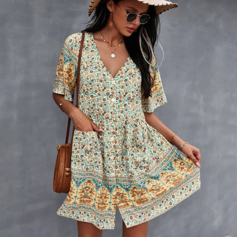 

TEELYNN Women Summer Pockets Button Loose Dresses 2022 V Neck Floral Print Short Sleeve Vintage Mini Dress Ladies Boho Vestidos