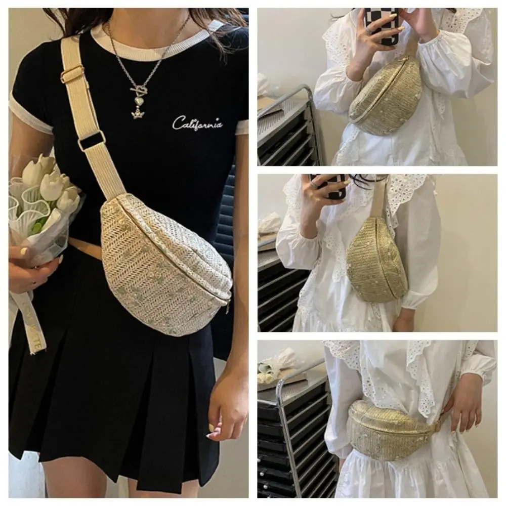 Leaf Straw Woven Ladies Crossbody Bags Lace Mesh Lightweight Women Summer Fanny Pack Straw Woven Adjustable Strap