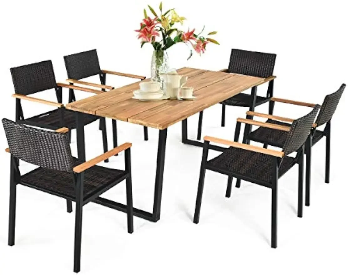 Patented Patio Furniture Set w/Large Rectangle Acacia Wood Table Top, Rattan Chairs with Steel Frame, Umbrella Hole