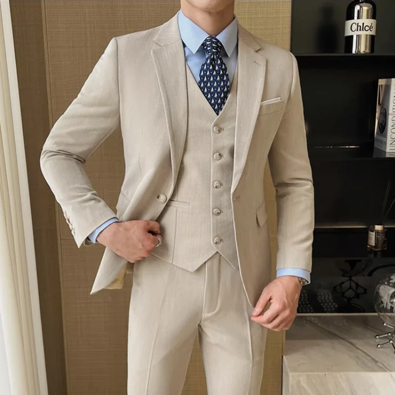 (Jacket +Vest+Pants) 2024 New High-quality Men\'s Elegant Fashion Suits 3 Pcs Set Korean Casual Slim Fit Social Wedding Tuxedo