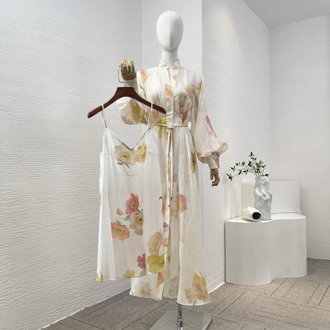 2024 New High Quality Ramie Women Clothes Light Yellow Floral Print Long Sleeve Loose Midi Dress for Holiday