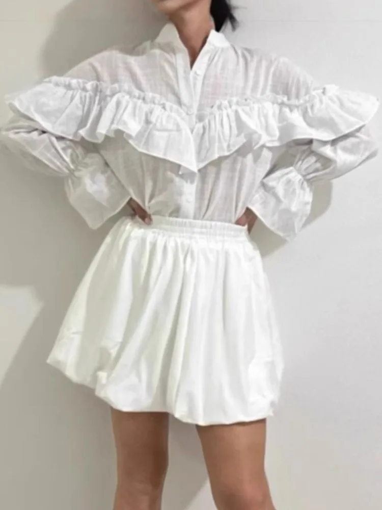 Frau Elegante Solide Hemd Mode V-ausschnitt Ausgestellte Ärmel Lose Top Frühling Herbst Dame Ausländischen Stil Rüschen Rand Spleißen Blusen