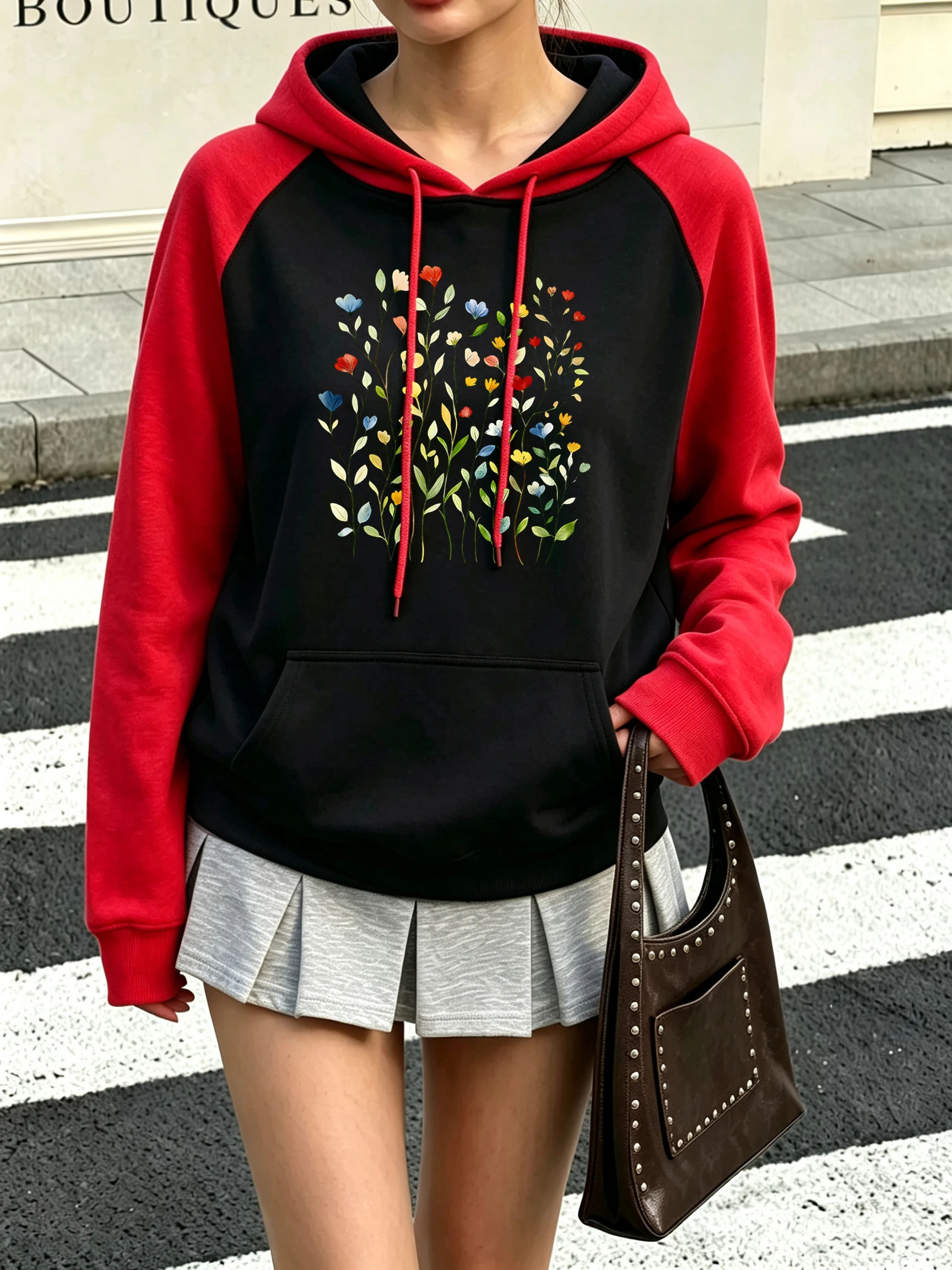 Wunderschöne Aquarell-Blumen-Prints Raglan-Kapuzenpullover für Damen Vintage Fleece-Hoodie Modische Lose Kleidung mit Tasche Herbst-Pullover