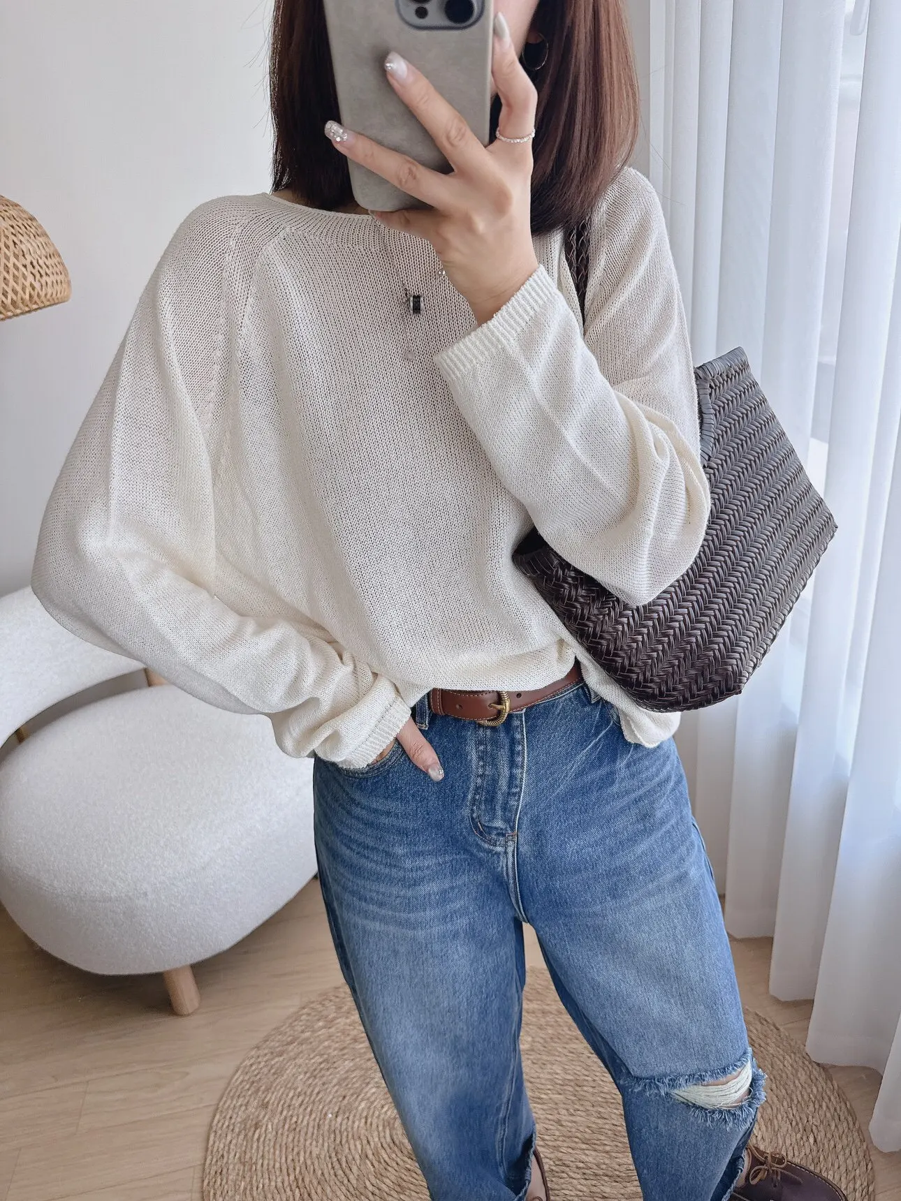 

High Quality Silk And Wool Knitted Sweater Women's round Neck Shoulder Insert Loose Fit Long Sleeve Spring Fashion Pure Color