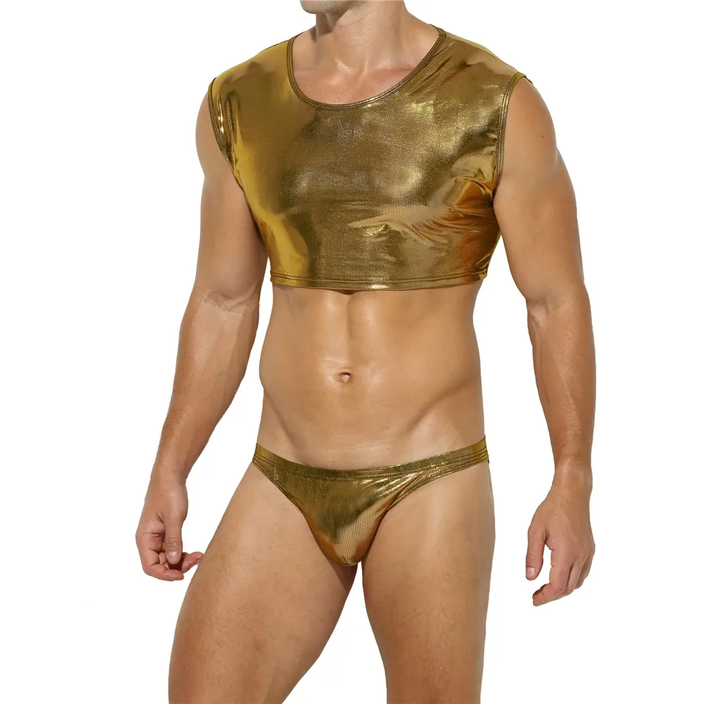 

Sexy Shiny Mens Clothes Set Faux Leather Crop Tops Nightclub Sexy Chest Harness Mini Vests + Boxer Briefs Men Underwear Clubwear