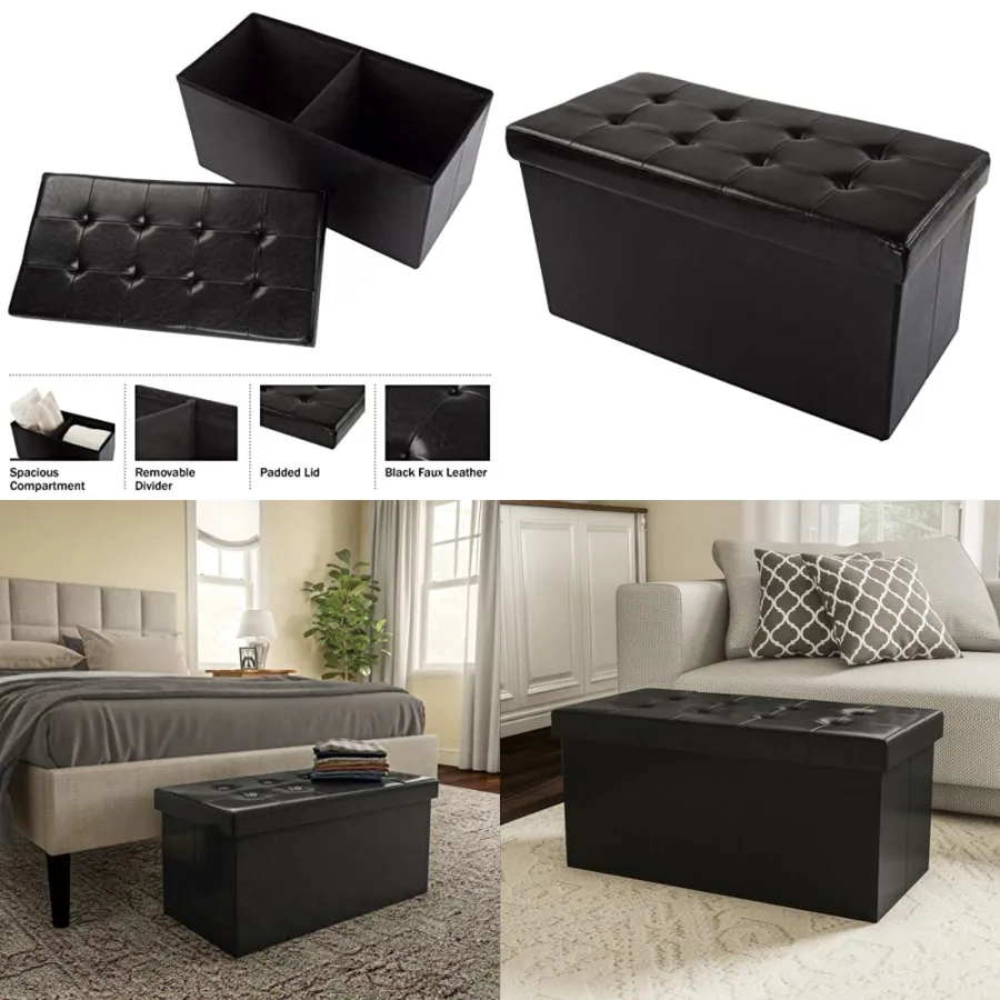 

Storage Ottoman - 30-Inch Folding Faux Leather Footrest, Linen Chest, or Bench with Removable Bin for Living Room or Bedroom by