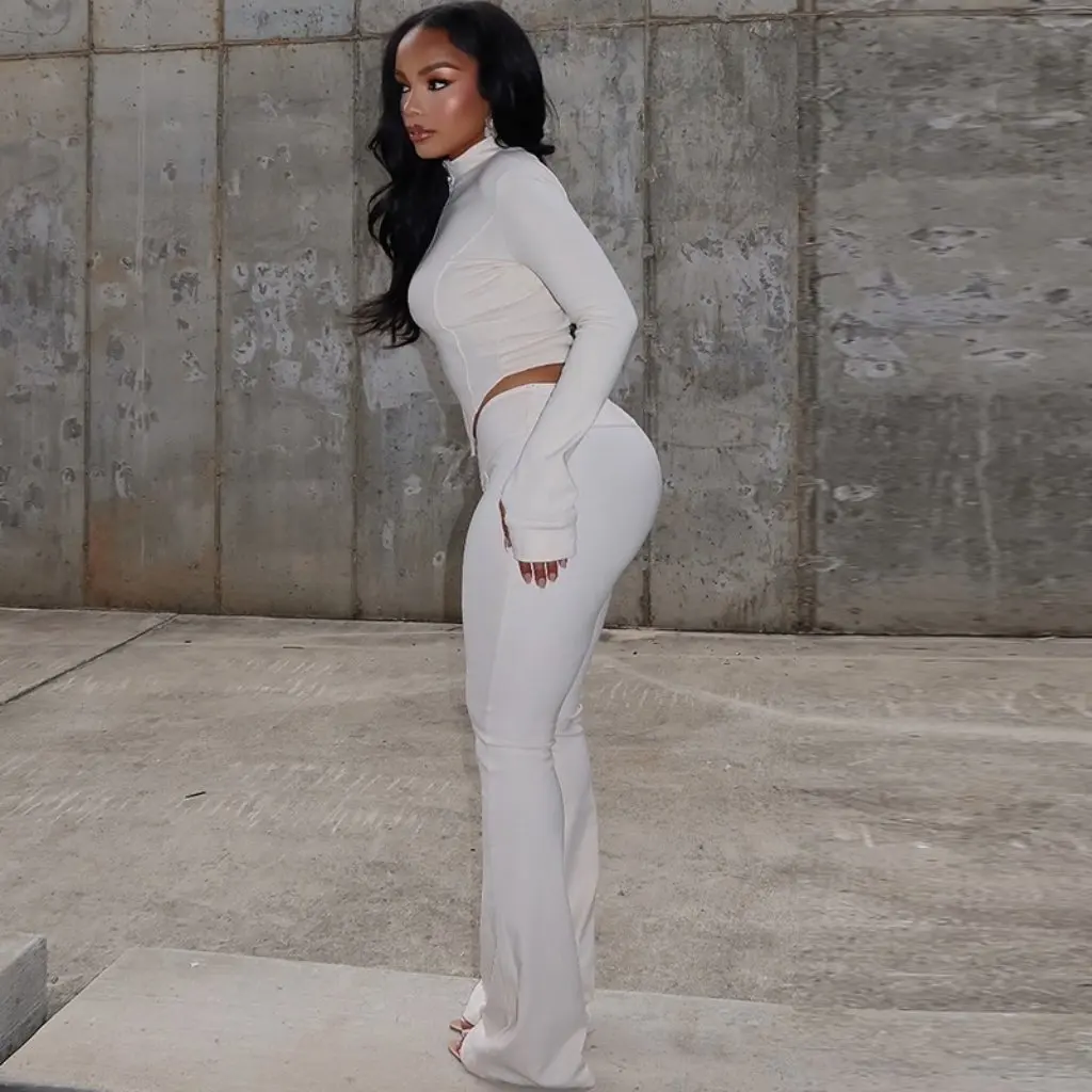 

Женский облегающий плиссированный комплект с застежкой-молнией, однотонные брюки с пупком, комплект из двух предметов в европейском и американском стиле с воротником с длинными рукавами, свободный крой