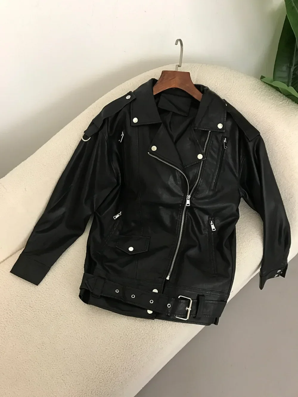 PU Leather Coat Motorcycle Faux Leather Jackets Fashion Black Women with Belt Oversize Korean Loose Causal Outerwear