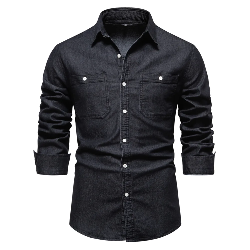 Fashion Autumn Cotton Denim Shirts Men Casual Long Sleeve Quality Cowboy Shirt Solid Color Slim Fit Elastic Jean Shirts for Men