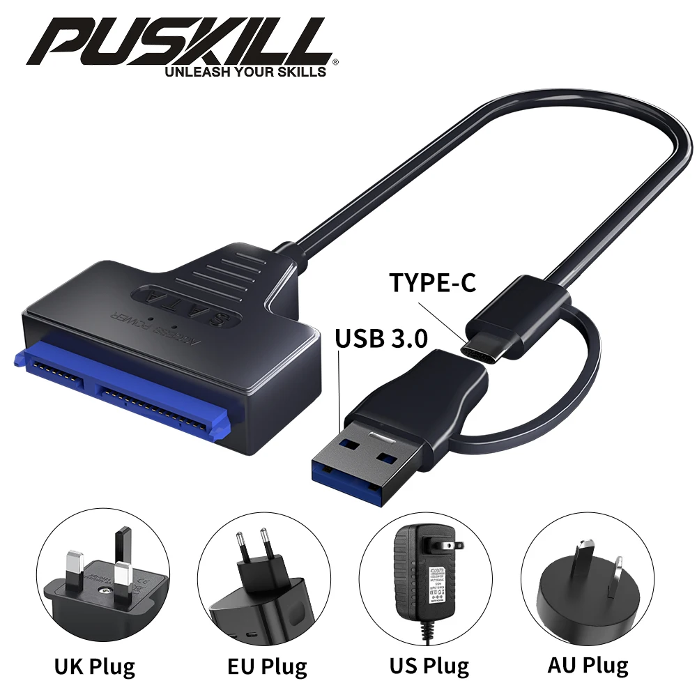 USB 3.0 to SATA/Type-C Adapter Sata Cable 2.5/3.5 Inch SSD HDD SATA III Hard Drive Disk with 12V/2A Power Adapter