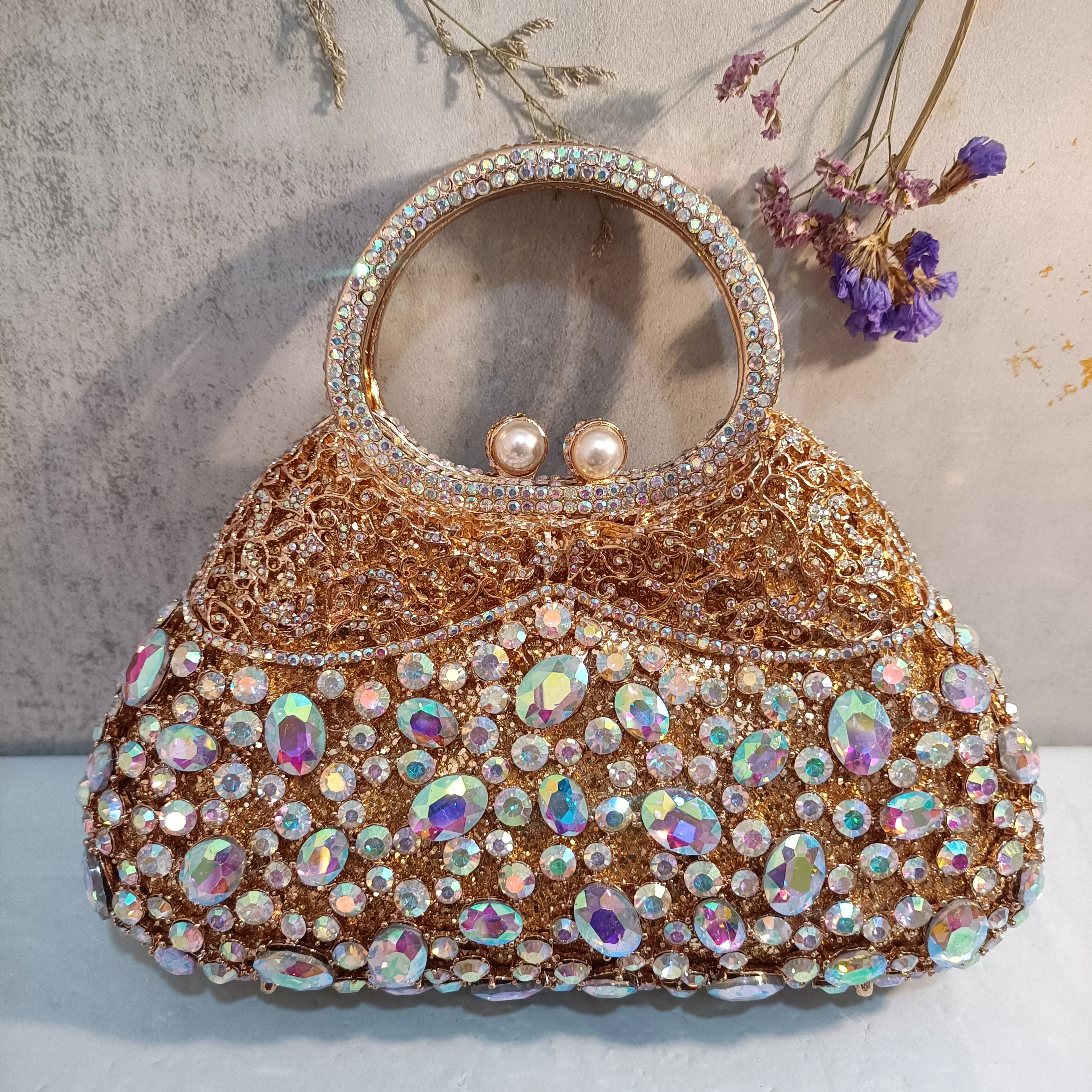 

XIYUAN Woman Bridal Dinner AB Diamond Purse Hollow Out Crystal Banquet Cocktail Prom Evening Bag Wedding Party Handle Handbag