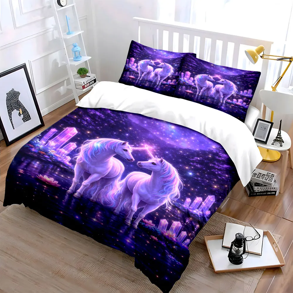 Enchanted Unicorns in Lavender Glow Print Bedding Set 1 Duvet Cover 2 Pillowcases for Adult and Children Luxury Gift Full Size