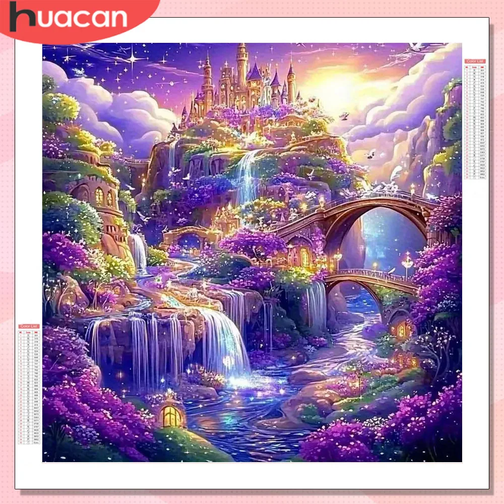 HUACAN Diamant-Mosaik, Schloss, Landschaft, komplette Kits, Diamant-Stickerei, Fantasie, Wasserfall, Heimdekoration, Strasssteine, Bilder