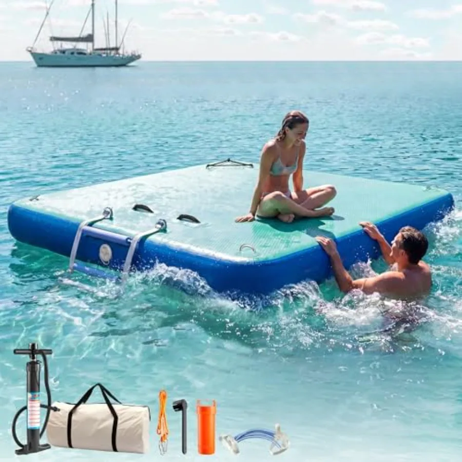 Inflatable Floating Dock for lake, beach, boats, island, pool use; PVC material; blue color; non-slip surface and detachable la